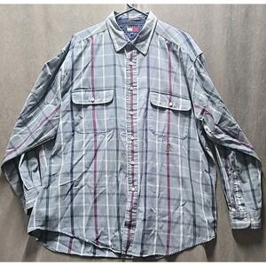 Tommy Hilfiger Shirt Men XL Adult‎ Gray Casual Button Down Vintage Check 90s